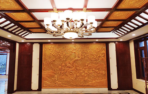阳江中式别墅客厅中式木作横梁吊顶装饰展示